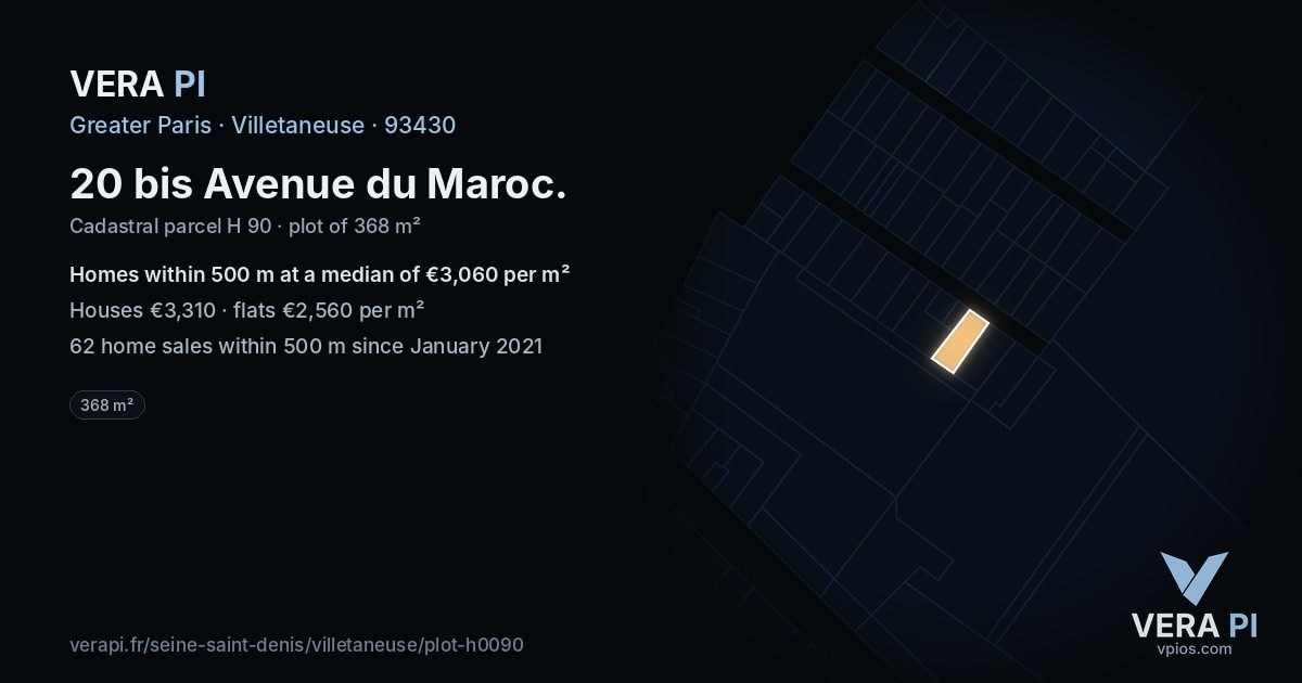 20 bis Avenue du Maroc, Villetaneuse at night – the plot lit, the parcels around coloured by the prices near them
