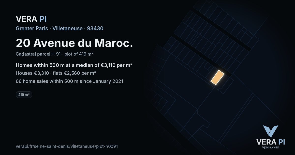 20 Avenue du Maroc, Villetaneuse at night – the plot lit, the parcels around coloured by the prices near them