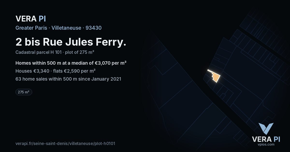 2 bis Rue Jules Ferry, Villetaneuse at night – the plot lit, the parcels around coloured by the prices near them