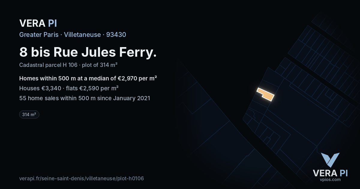 8 bis Rue Jules Ferry, Villetaneuse at night – the plot lit, the parcels around coloured by the prices near them