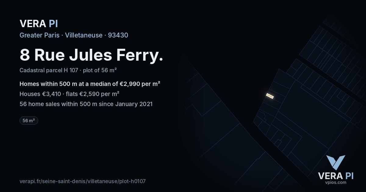 8 Rue Jules Ferry, Villetaneuse at night – the plot lit, the parcels around coloured by the prices near them