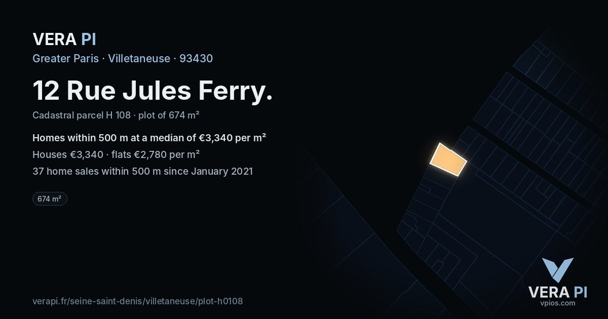 12 Rue Jules Ferry, Villetaneuse at night – the plot lit, the parcels around coloured by the prices near them