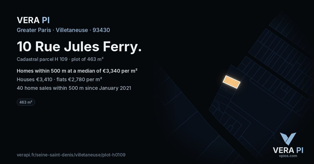 10 Rue Jules Ferry, Villetaneuse at night – the plot lit, the parcels around coloured by the prices near them