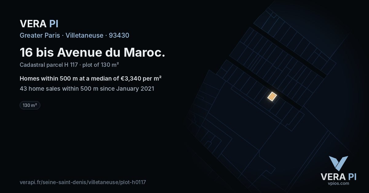 16 bis Avenue du Maroc, Villetaneuse at night – the plot lit, the parcels around coloured by the prices near them