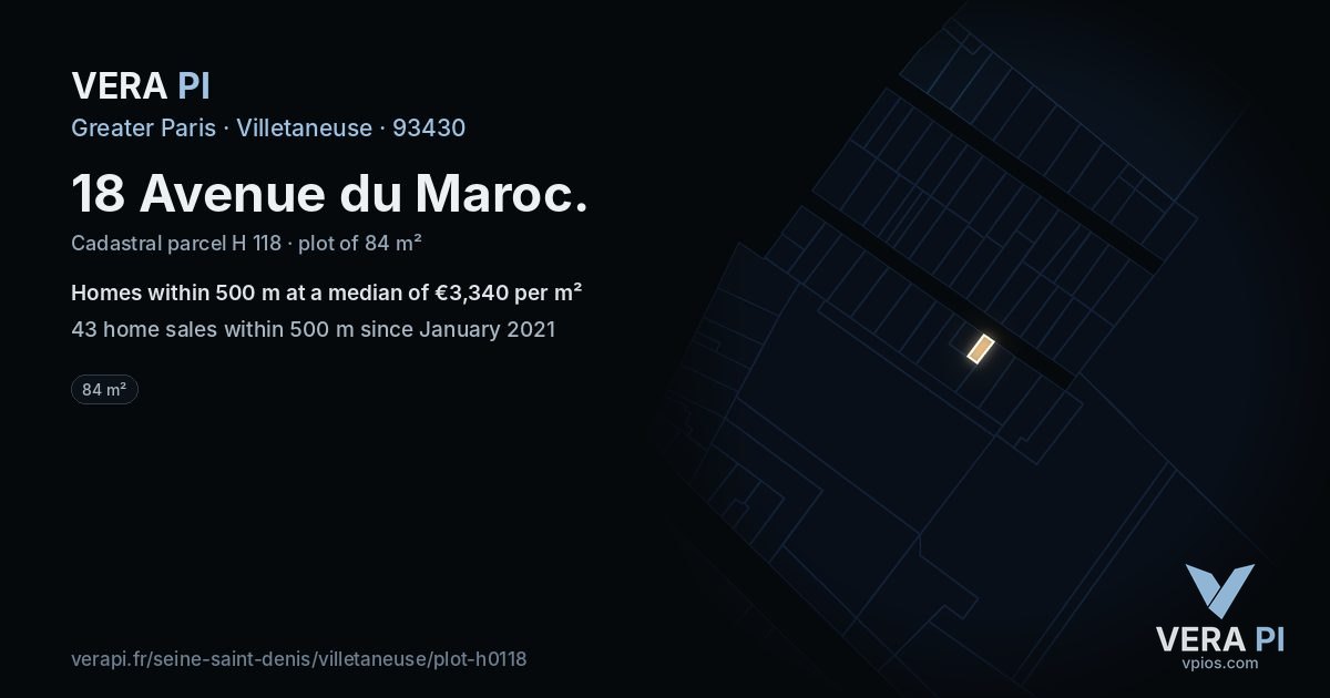 18 Avenue du Maroc, Villetaneuse at night – the plot lit, the parcels around coloured by the prices near them