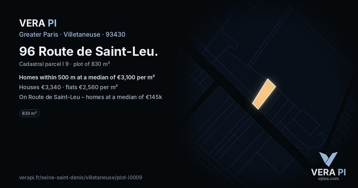 96 Route de Saint-Leu, Villetaneuse at night – the plot lit, the parcels around coloured by the prices near them