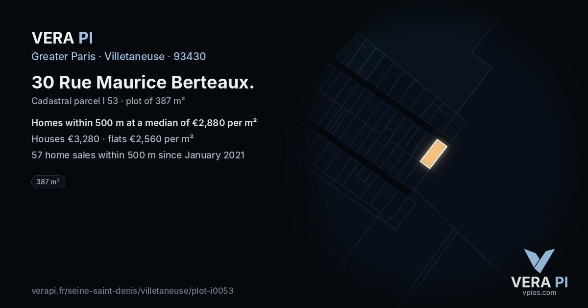 30 Rue Maurice Berteaux, Villetaneuse at night – the plot lit, the parcels around coloured by the prices near them
