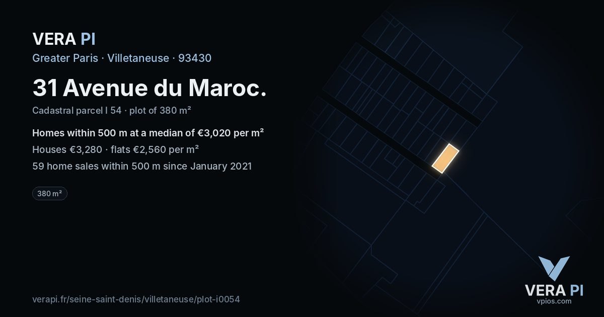 31 Avenue du Maroc, Villetaneuse at night – the plot lit, the parcels around coloured by the prices near them