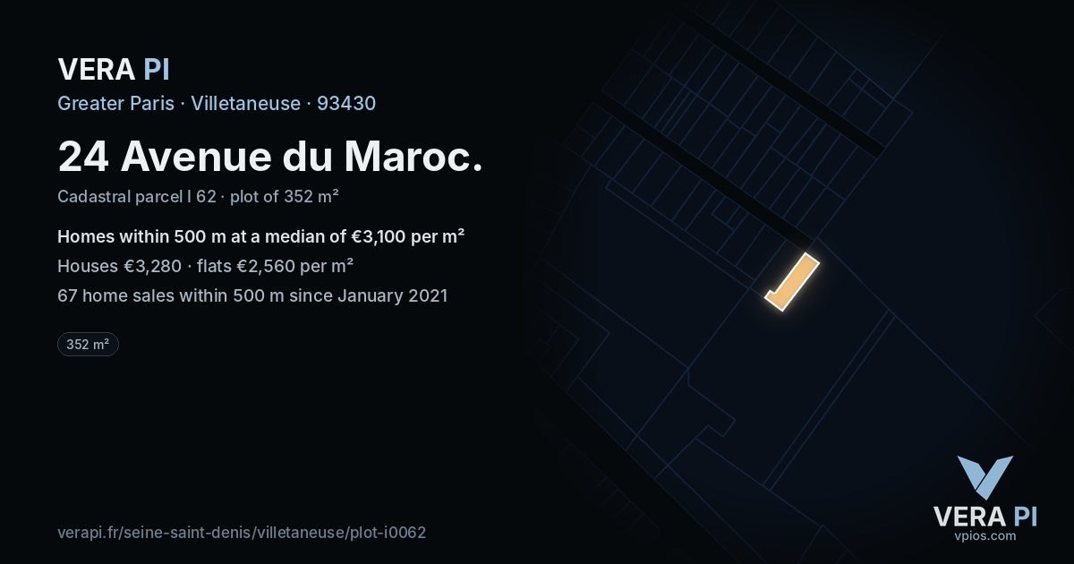 24 Avenue du Maroc, Villetaneuse at night – the plot lit, the parcels around coloured by the prices near them