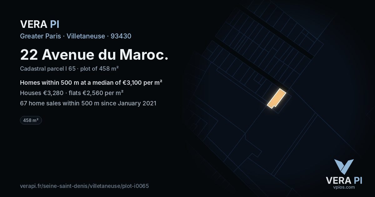 22 Avenue du Maroc, Villetaneuse at night – the plot lit, the parcels around coloured by the prices near them