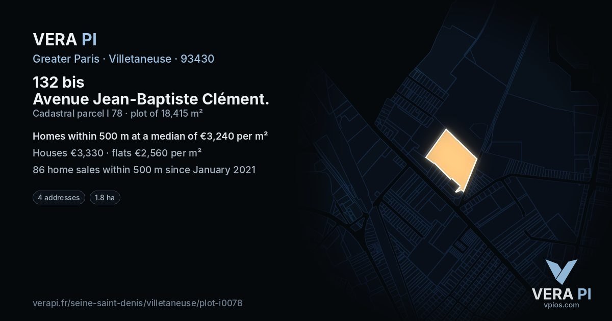 132 bis Avenue Jean-Baptiste Clément, Villetaneuse at night – the plot lit, the parcels around coloured by the prices near them