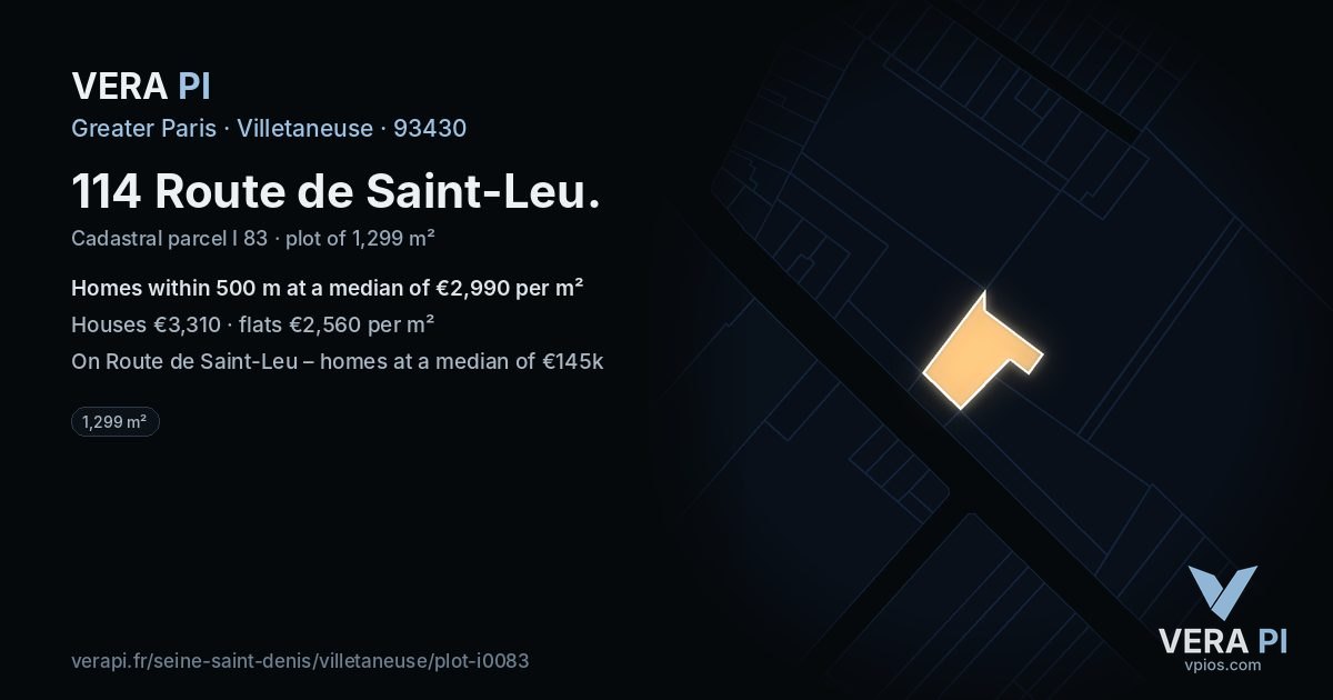114 Route de Saint-Leu, Villetaneuse at night – the plot lit, the parcels around coloured by the prices near them