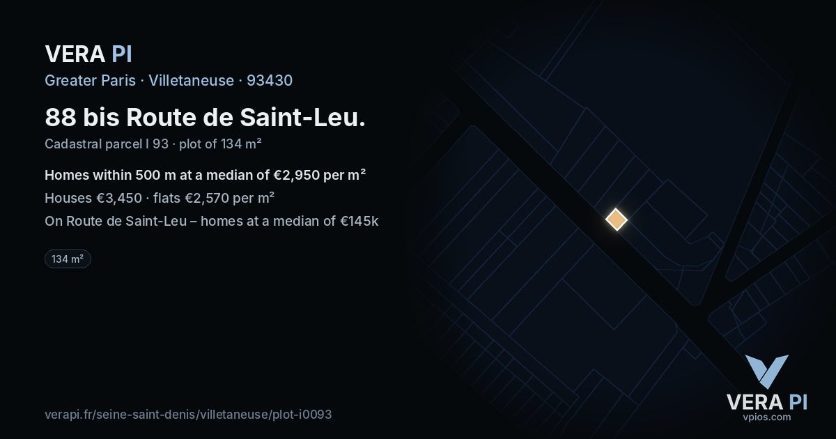 88 bis Route de Saint-Leu, Villetaneuse at night – the plot lit, the parcels around coloured by the prices near them
