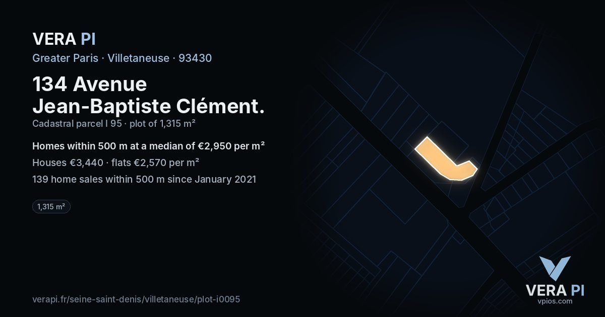 134 Avenue Jean-Baptiste Clément, Villetaneuse at night – the plot lit, the parcels around coloured by the prices near them