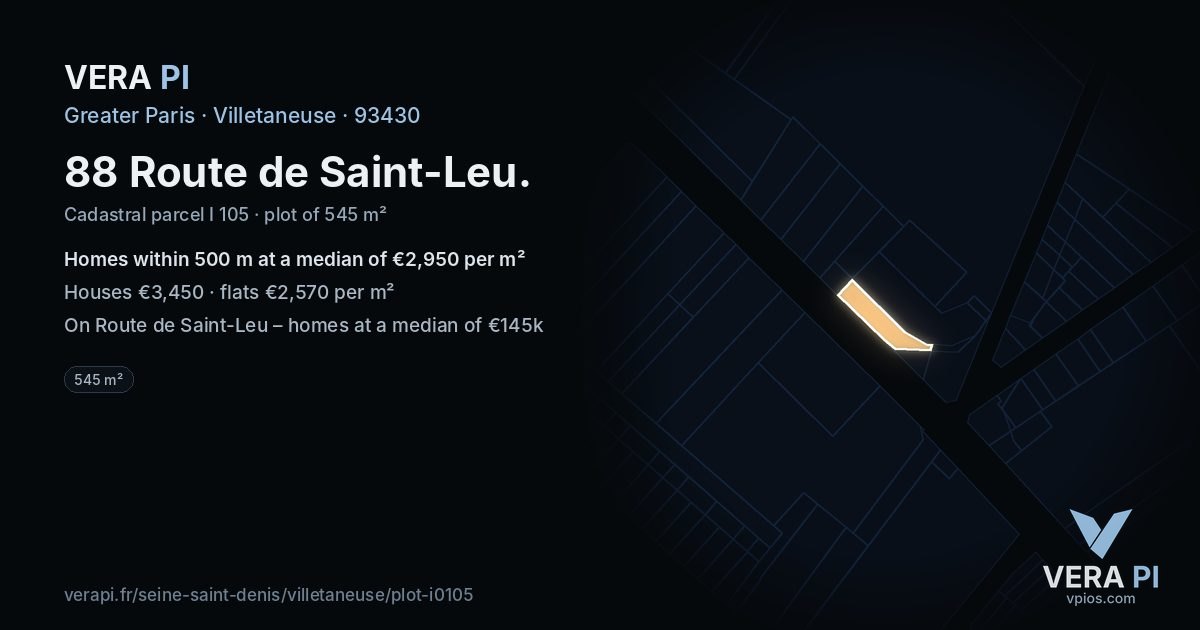 88 Route de Saint-Leu, Villetaneuse at night – the plot lit, the parcels around coloured by the prices near them