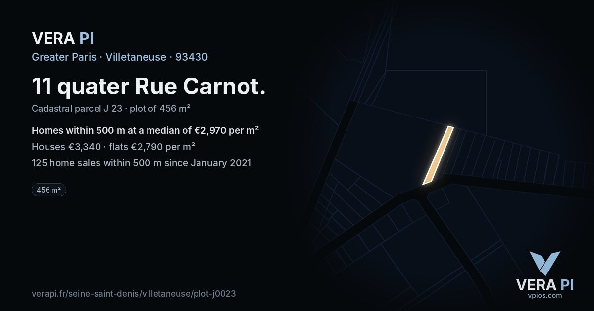 11 quater Rue Carnot, Villetaneuse at night – the plot lit, the parcels around coloured by the prices near them
