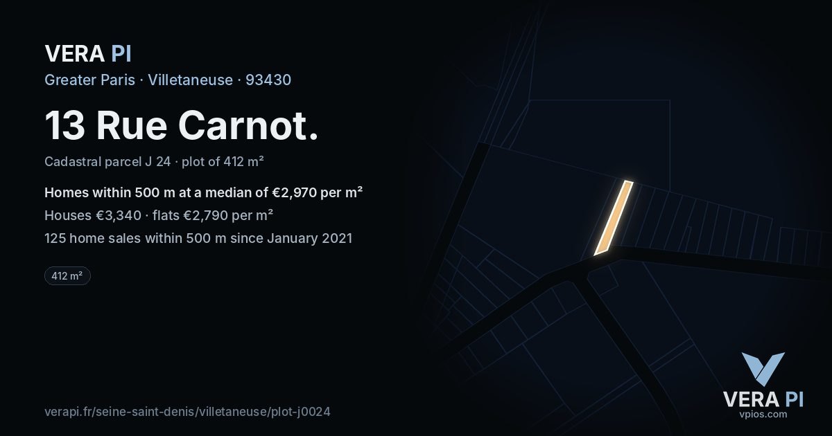 13 Rue Carnot, Villetaneuse at night – the plot lit, the parcels around coloured by the prices near them