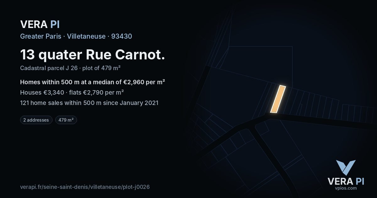 13 quater Rue Carnot, Villetaneuse at night – the plot lit, the parcels around coloured by the prices near them