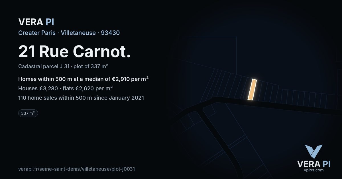 21 Rue Carnot, Villetaneuse at night – the plot lit, the parcels around coloured by the prices near them