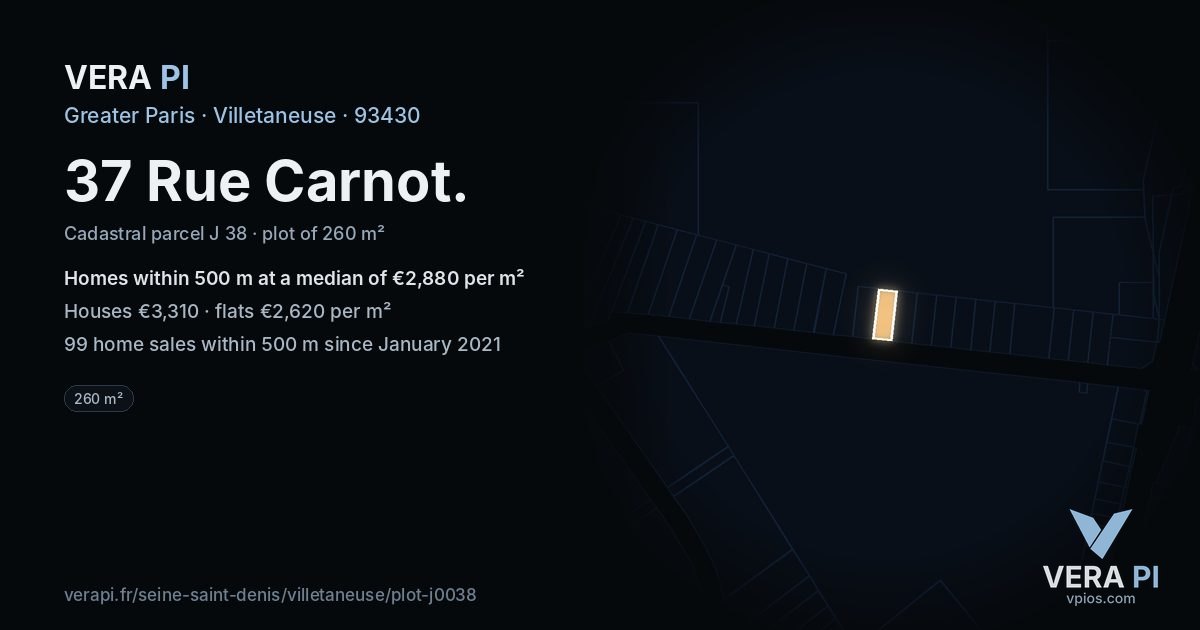 37 Rue Carnot, Villetaneuse at night – the plot lit, the parcels around coloured by the prices near them