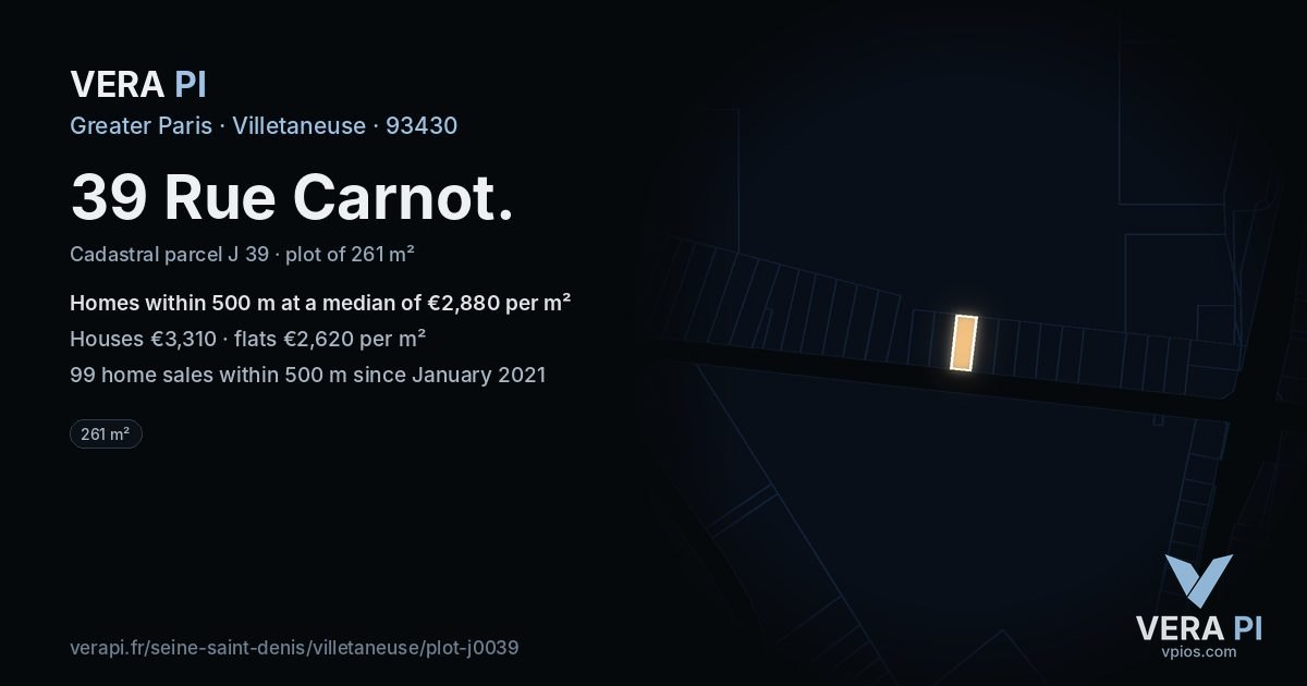 39 Rue Carnot, Villetaneuse at night – the plot lit, the parcels around coloured by the prices near them