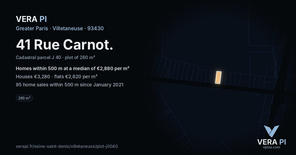 41 Rue Carnot, Villetaneuse at night – the plot lit, the parcels around coloured by the prices near them