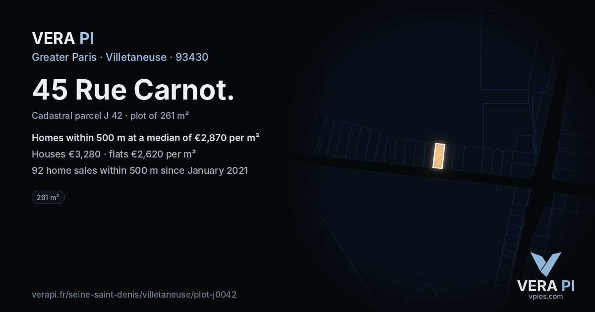 45 Rue Carnot, Villetaneuse at night – the plot lit, the parcels around coloured by the prices near them