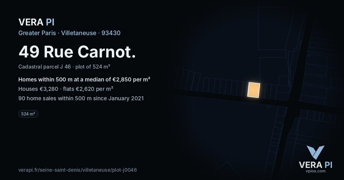 49 Rue Carnot, Villetaneuse at night – the plot lit, the parcels around coloured by the prices near them