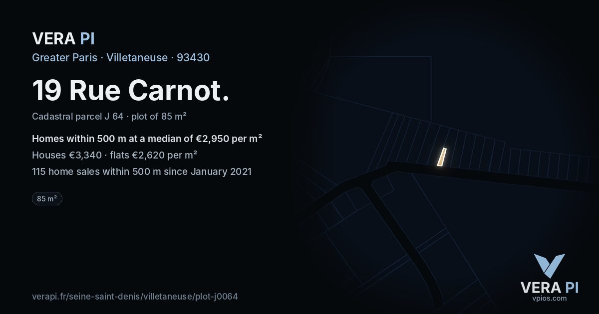 19 Rue Carnot, Villetaneuse at night – the plot lit, the parcels around coloured by the prices near them