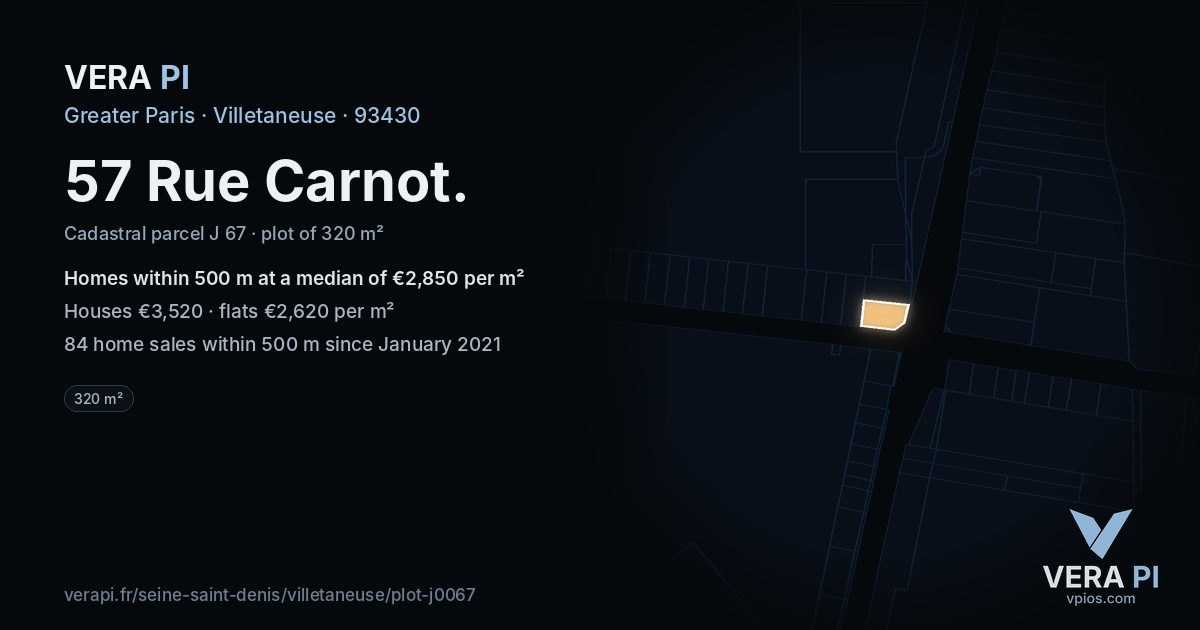 57 Rue Carnot, Villetaneuse at night – the plot lit, the parcels around coloured by the prices near them