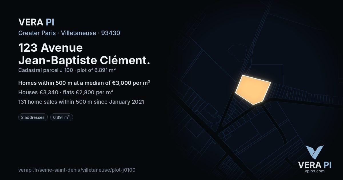 123 Avenue Jean-Baptiste Clément, Villetaneuse at night – the plot lit, the parcels around coloured by the prices near them
