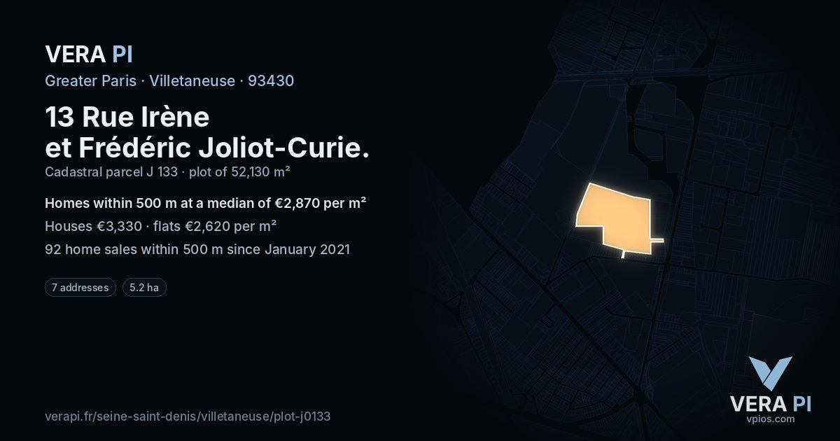13 Rue Irène et Frédéric Joliot-Curie, Villetaneuse at night – the plot lit, the parcels around coloured by the prices near them