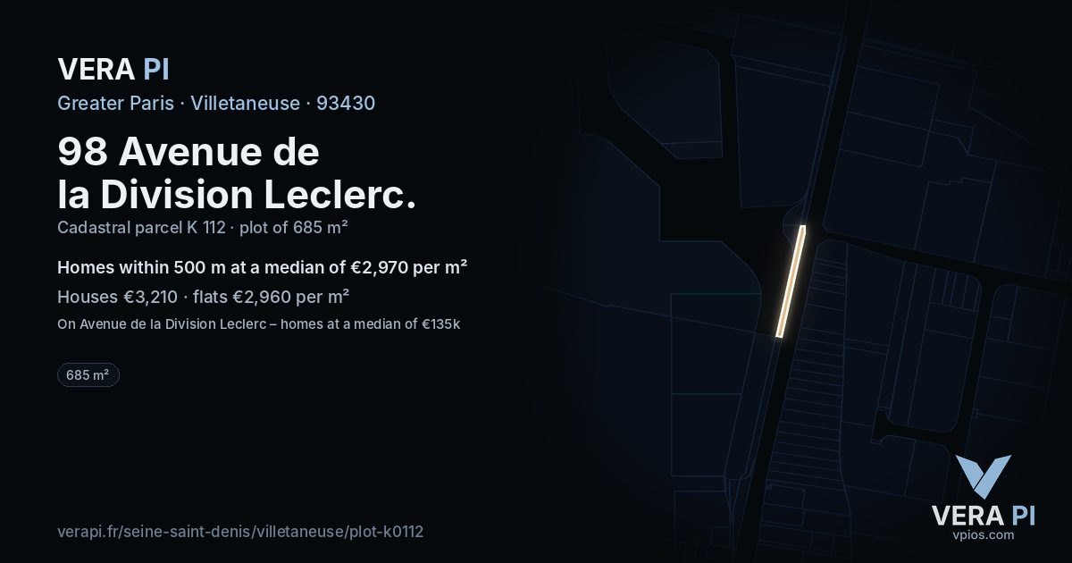 98 Avenue de la Division Leclerc, Villetaneuse at night – the plot lit, the parcels around coloured by the prices near them