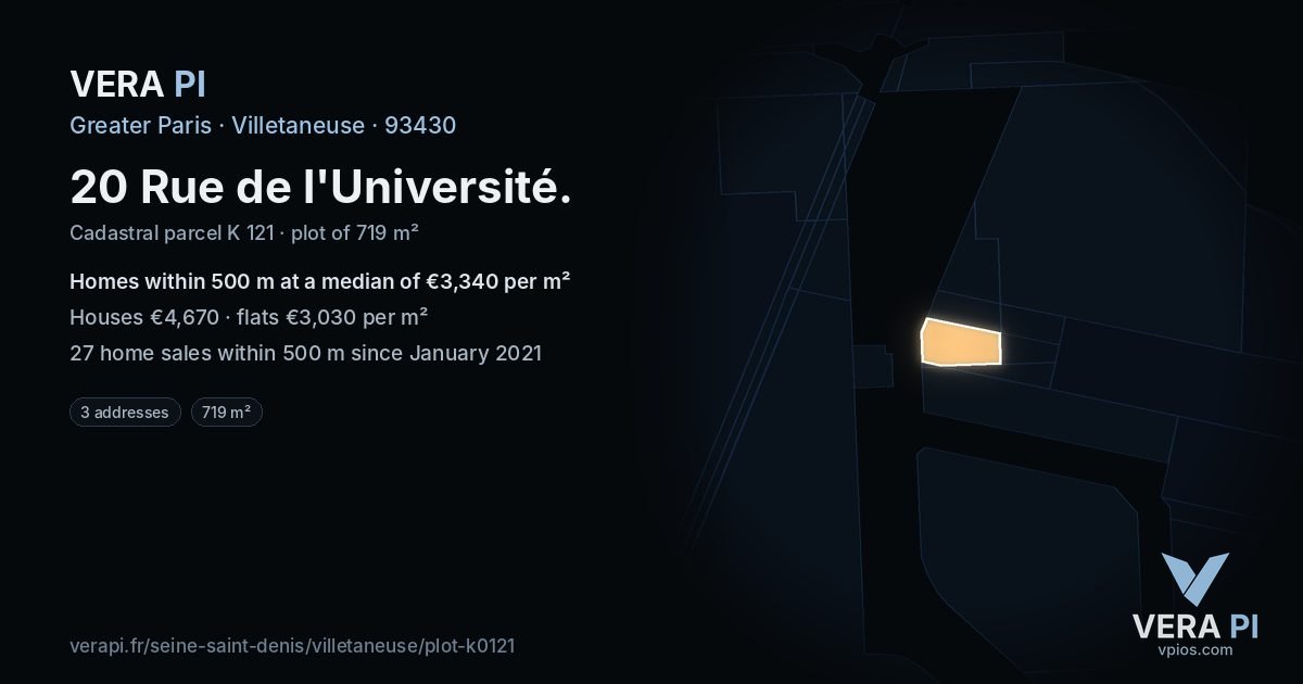 20 Rue de l'Université, Villetaneuse at night – the plot lit, the parcels around coloured by the prices near them