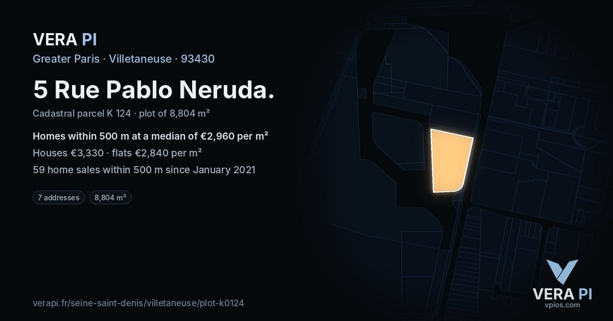 5 Rue Pablo Neruda, Villetaneuse at night – the plot lit, the parcels around coloured by the prices near them