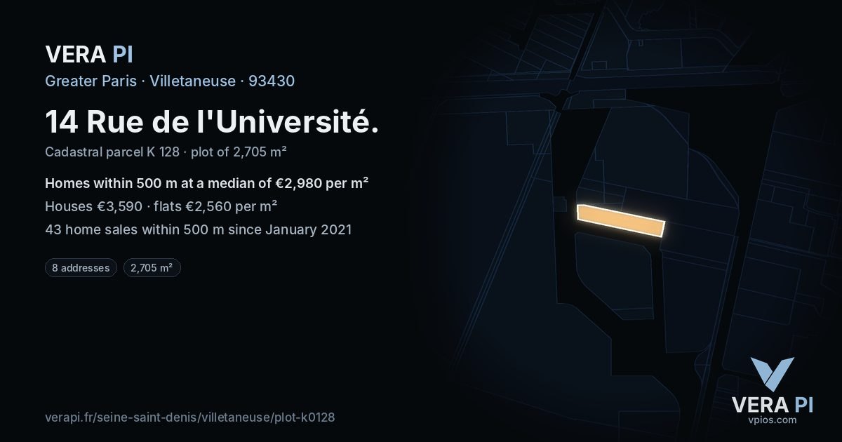 14 Rue de l'Université, Villetaneuse at night – the plot lit, the parcels around coloured by the prices near them