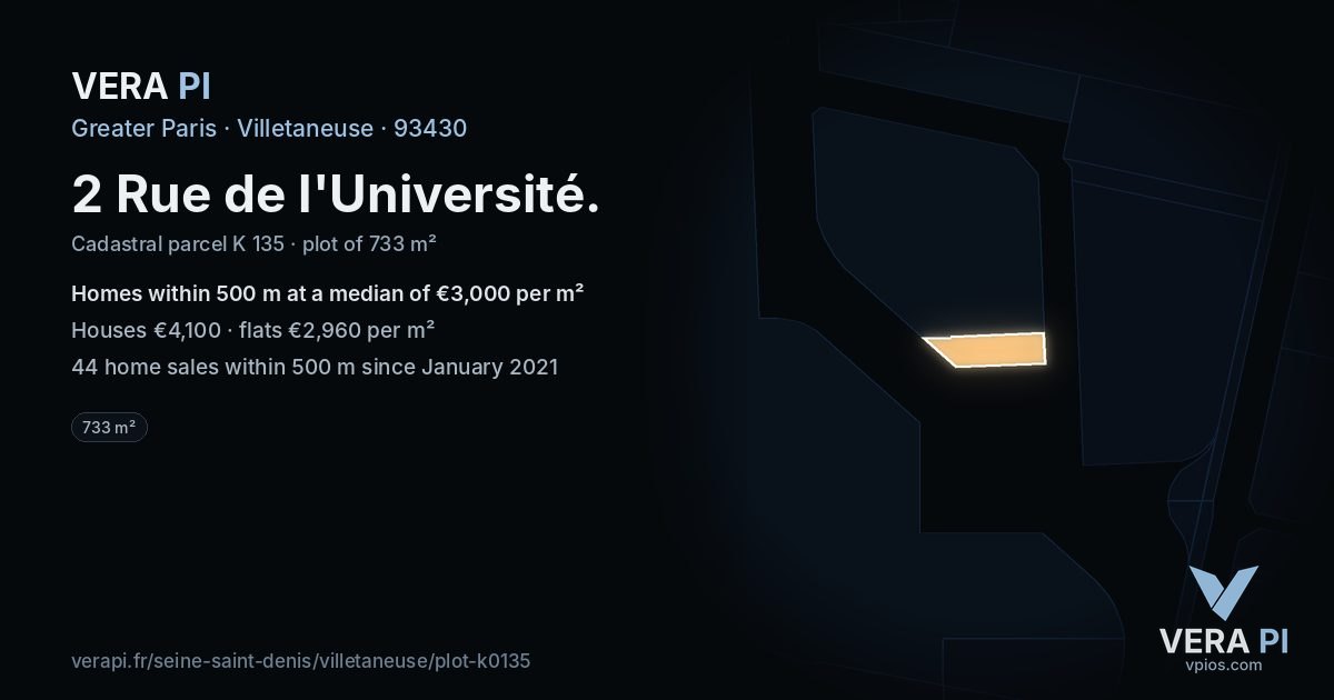 2 Rue de l'Université, Villetaneuse at night – the plot lit, the parcels around coloured by the prices near them