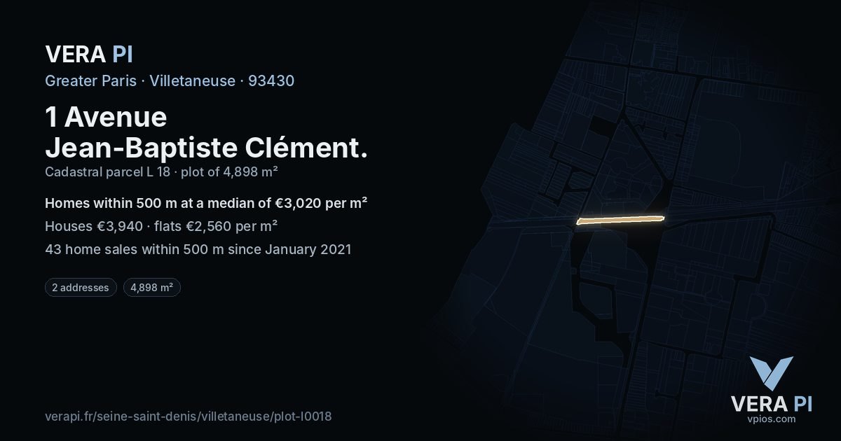 1 Avenue Jean-Baptiste Clément, Villetaneuse at night – the plot lit, the parcels around coloured by the prices near them