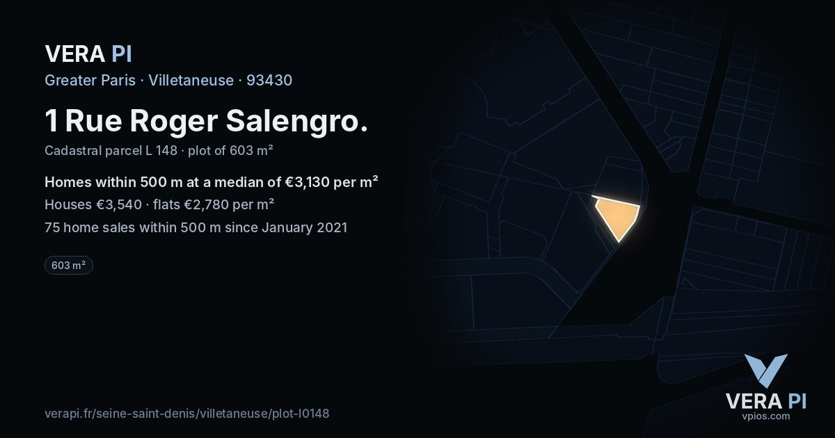 1 Rue Roger Salengro, Villetaneuse at night – the plot lit, the parcels around coloured by the prices near them