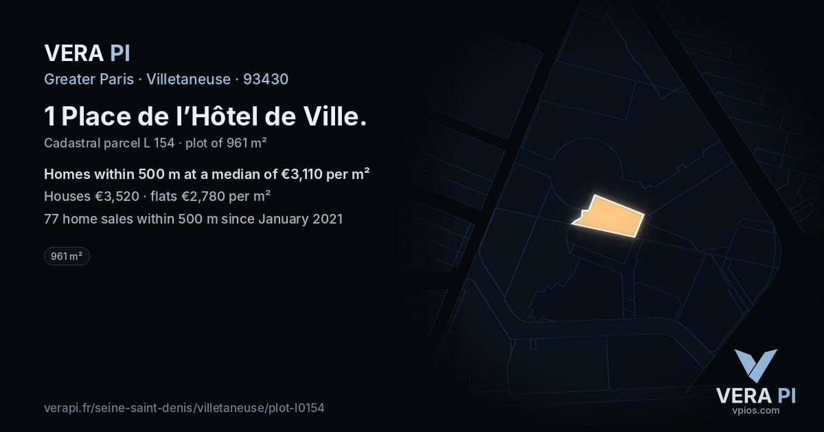 1 Place de l’Hôtel de Ville, Villetaneuse at night – the plot lit, the parcels around coloured by the prices near them