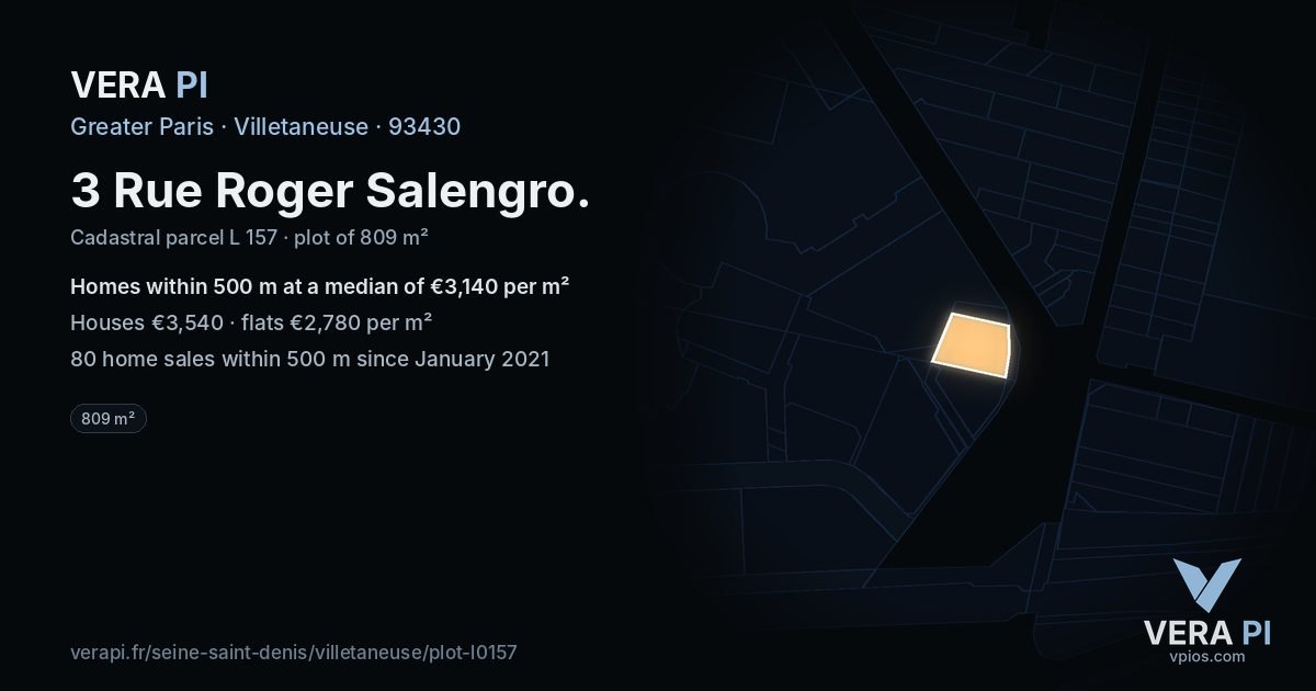 3 Rue Roger Salengro, Villetaneuse at night – the plot lit, the parcels around coloured by the prices near them