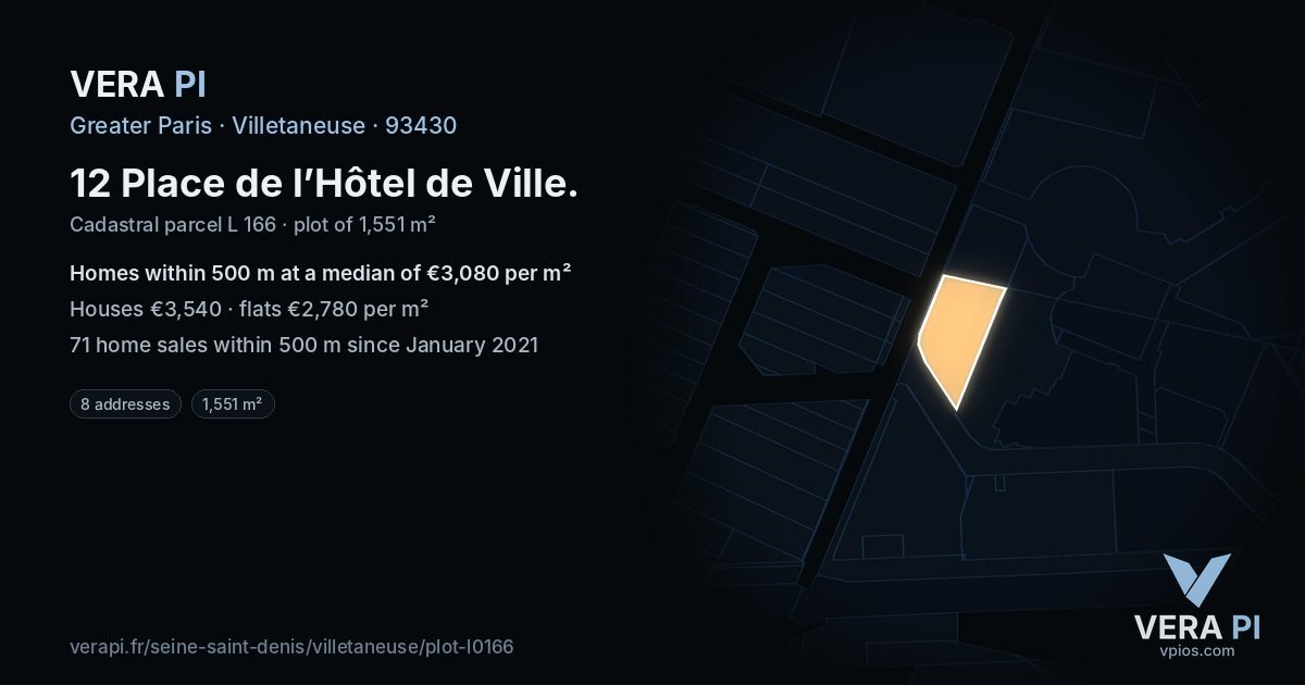 12 Place de l’Hôtel de Ville, Villetaneuse at night – the plot lit, the parcels around coloured by the prices near them