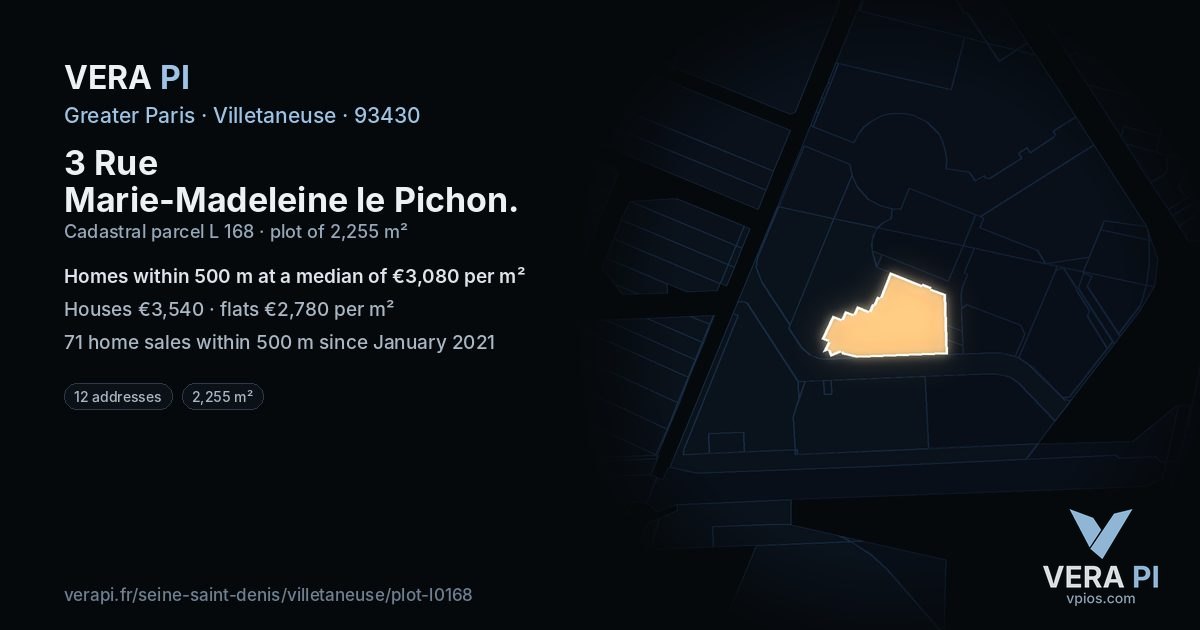 3 Rue Marie-Madeleine le Pichon, Villetaneuse at night – the plot lit, the parcels around coloured by the prices near them