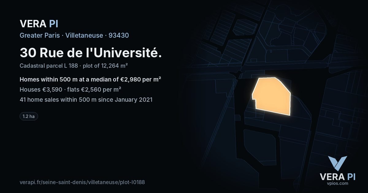 30 Rue de l'Université, Villetaneuse at night – the plot lit, the parcels around coloured by the prices near them