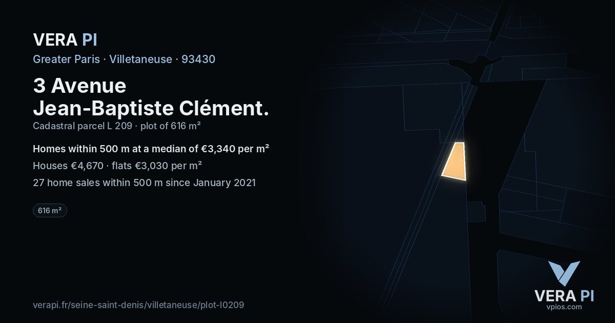 3 Avenue Jean-Baptiste Clément, Villetaneuse at night – the plot lit, the parcels around coloured by the prices near them