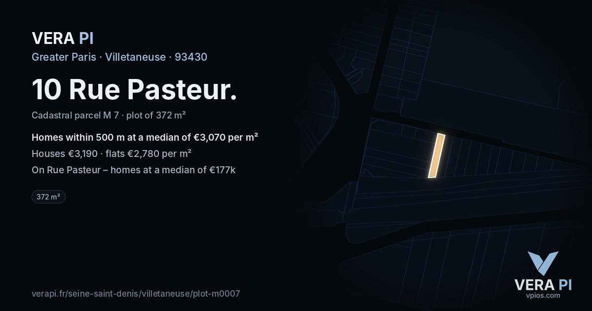 10 Rue Pasteur, Villetaneuse at night – the plot lit, the parcels around coloured by the prices near them