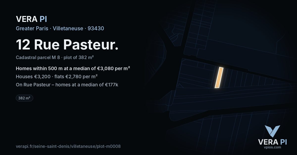 12 Rue Pasteur, Villetaneuse at night – the plot lit, the parcels around coloured by the prices near them