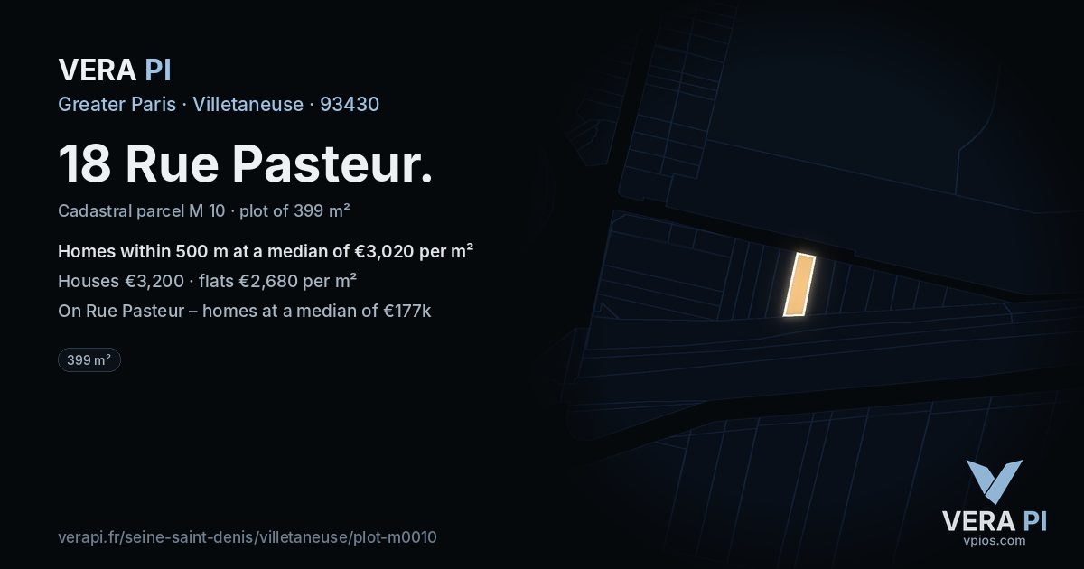 18 Rue Pasteur, Villetaneuse at night – the plot lit, the parcels around coloured by the prices near them