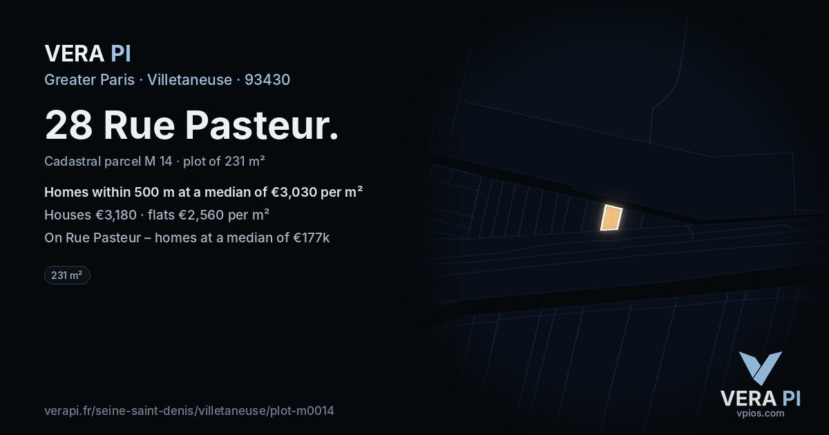 28 Rue Pasteur, Villetaneuse at night – the plot lit, the parcels around coloured by the prices near them