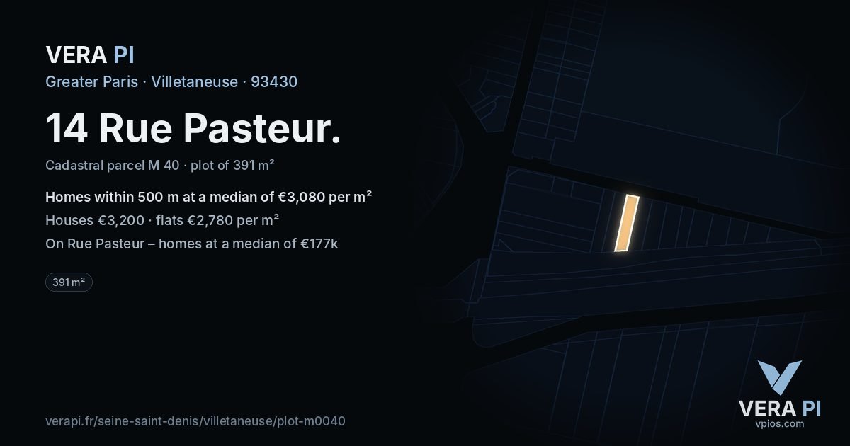 14 Rue Pasteur, Villetaneuse at night – the plot lit, the parcels around coloured by the prices near them